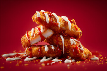 Crispy Fried Chicken Strips Drizzled with Sauces.