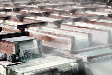 特徴的な風景の草津温泉の湯畑