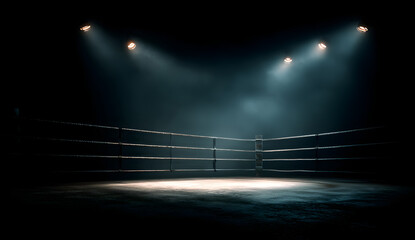 Empty Boxing Ring Under Dramatic Spotlight.