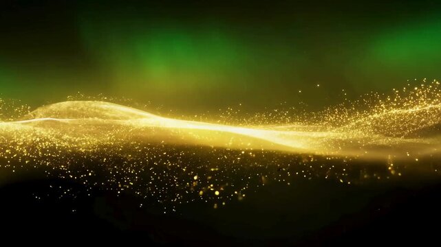 Dynamic abstract background featuring a flowing golden particle wave that rises and falls, combined with a subtle green, ethereal, auroral light effect. Elegant and energetic