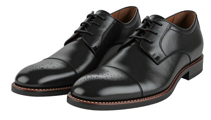 Two black leather dress shoes, laced up, positioned diagonally, with light reflecting on the smooth surface