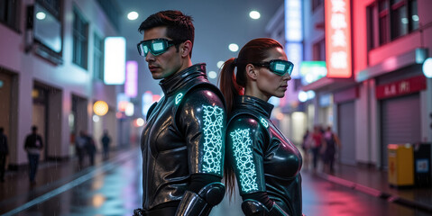 Fototapeta premium Futuristic couple posing back-to-back in neon-lit urban setting 