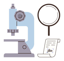 Microscope, magnifying glass, and signed document represent investigation, scientific study, and validation. Ideal for science, research, education, analysis verification discovery innovation