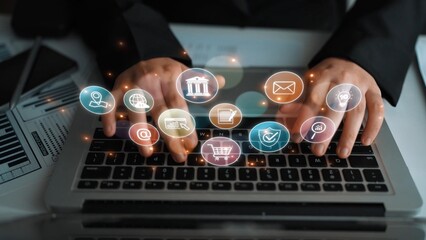 Set of business and digital service icons representing finance, cloud, analytics, email, communication, ecommerce, cybersecurity, and global connectivity in a modern ecosystem Marrow