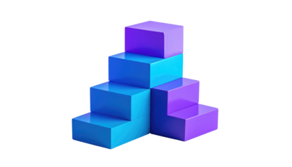 Abstract, geometric structure of stacked cubes with blue-to-purple gradient color on a black background