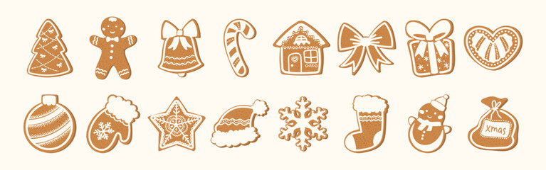 Vector Christmas gingerbread set with cookies shaped as tree, bell, star, mitten, snowflake, gift, and stocking. Perfect for festive cards, packaging, stickers, and winter decoration