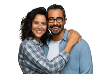 Loving and happy Millennial Hispanic couple, casually dressed and embracing, isolated on white or transparent background