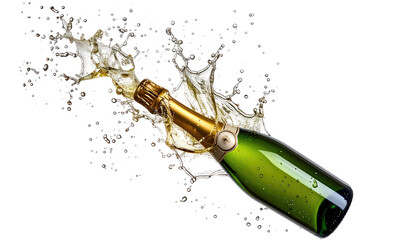 Exploding green champagne bottle creating a splash on black background