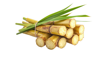 Stacked sugar cane stalks with green leaves bound by a brown string against a black background