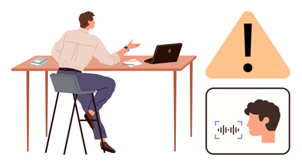 Man sitting at desk gesturing near laptop, warning sign, and facial voice recognition panel. Ideal for communication, technology, AI, workplace alert systems, cybersecurity, digital security simple