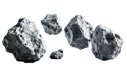 A group of rocky, gray asteroids, varying in size, isolated against a black, dark space backdrop