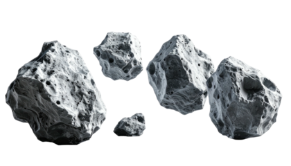 A group of rocky, gray asteroids, varying in size, isolated against a black, dark space backdrop
