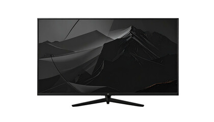 A sleek, modern monitor displaying a stylized dark mountain landscape against a black background