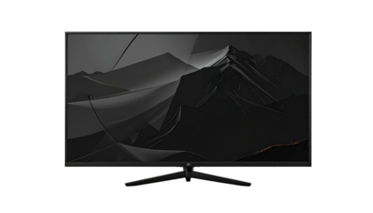 A sleek, modern monitor displaying a stylized dark mountain landscape against a black background