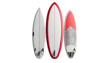 Three surfboards, white with red trim, angled slightly. One has a textured grip pad. Backlit on black