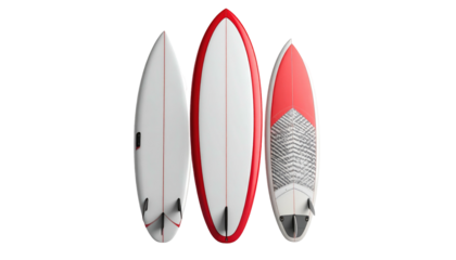 Three surfboards, white with red trim, angled slightly. One has a textured grip pad. Backlit on black