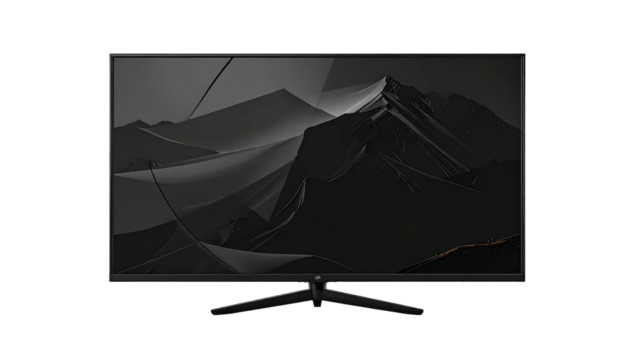 A sleek, modern monitor displaying a stylized dark mountain landscape against a black background