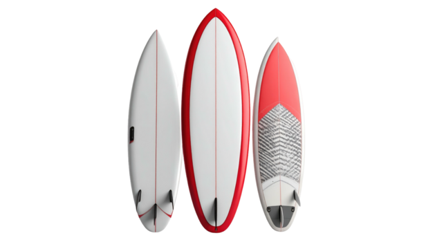 Three surfboards, white with red trim, angled slightly. One has a textured grip pad. Backlit on black