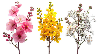 Three branches showcasing pink, yellow, and white blossoms on stems against a black background