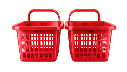 Two red plastic shopping baskets are arranged side-by-side against a solid black background in a studio setting