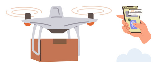 quadcopter in flight carrying a package and a hand holding a smartphone displaying a notification, showcasing delivery and remote control tech. Ideal for logistics, e-commerce, automation