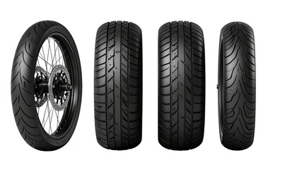 Tire showcase Four tires of different models, dark and sleek, isolated on a black background