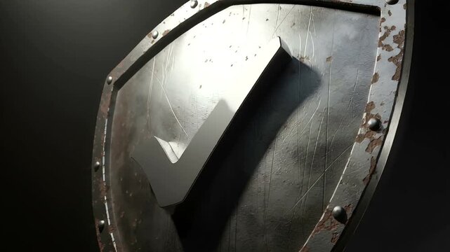 Metallic shield with a prominent checkmark symbolizing security and trust