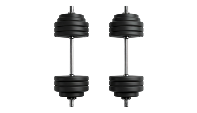 Pair of sleek, black adjustable dumbbells with chrome handles on a stark black backdrop for exercising and strength training - Powered by Adobe