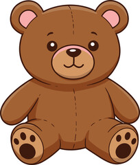 Cartoon teddy bear vector illustration, brown plush toy with stitched details and paw prints, cute sitting pose, children and nursery design