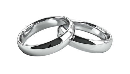 Interlocked, shiny metal rings on a black background, catching the light, symbolizing commitment and union