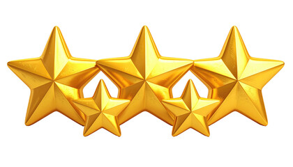Five golden stars in a row, with varying sizes and shiny surface, against a transparent black background