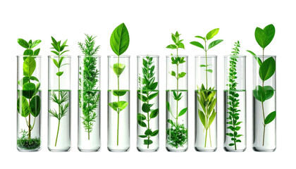 Various green plants sprout and grow in clear glass test tubes filled with water on a dark background