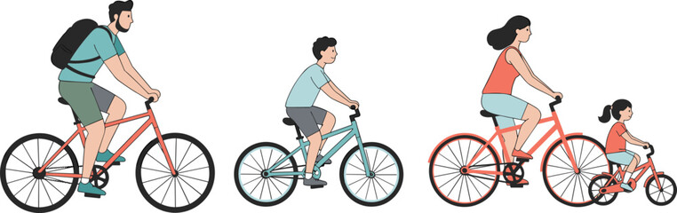 Family cycling vector illustration, four people riding bicycles together, outdoor activity, healthy lifestyle, exercise and recreation concept design