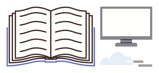 Open book beside a computer monitor with a minimalist cloud. Ideal for education, online learning, research, digital tools, knowledge transfer, e-learning, innovation. Simple flat metaphor