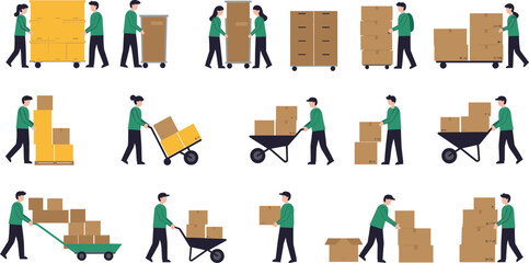 Logistics and manual labor vector illustration, fifteen people moving cardboard boxes, pushing carts, stacking items, workplace safety and transport concept