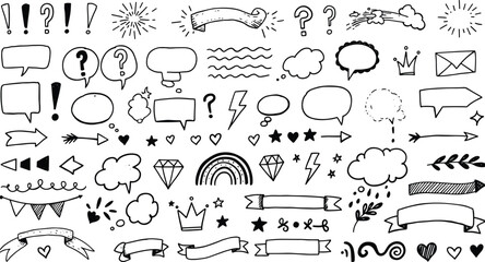 Hand-drawn doodle vector illustration, speech bubbles, punctuation, arrows, stars, hearts, banners, sketch-style design elements for creative projects