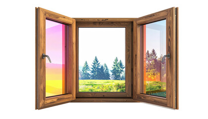 Open wooden window showcasing a vibrant meadow and forest, some color shift/dispersion on the sides, against a black background