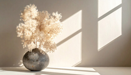 柔らかな光に照らされたスモークツリーのフラワーベースと美しい影のコントラスト