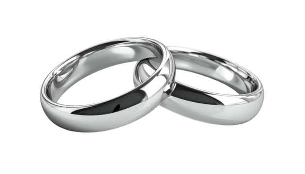 Interlocked, shiny metal rings on a black background, catching the light, symbolizing commitment and union