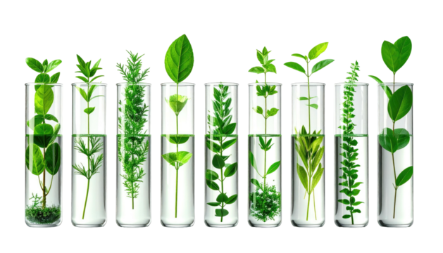 Various green plants sprout and grow in clear glass test tubes filled with water on a dark background