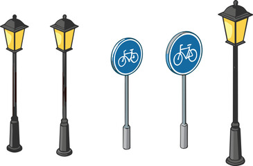 Street lamp and bicycle road sign vector illustration, classic urban furniture design, black lamp posts and blue cycle signs for city planning