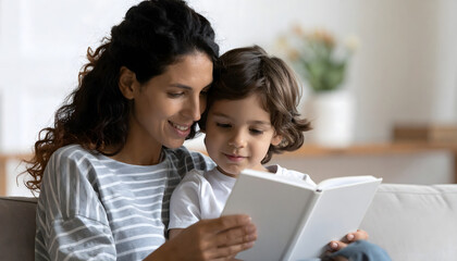 Reading Time: A tender moment of bonding between a mother and child as they share a book. Capturing the intimacy of family time, the image radiates warmth and love.