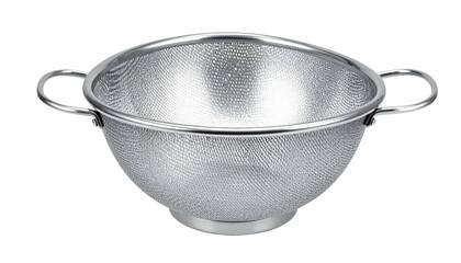 Shiny, silver metal colander with two handles sits against white, reflecting light with a tight mesh design