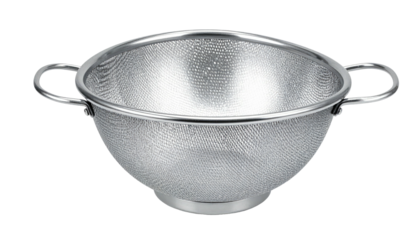 Shiny, silver metal colander with two handles sits against white, reflecting light with a tight mesh design