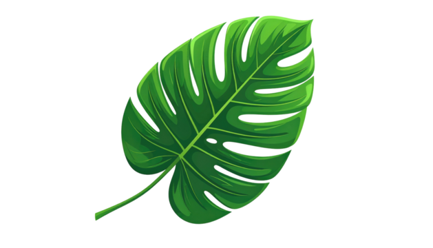 A vibrant, illustrated, lush green monstera leaf isolated on a solid black background, displaying prominent veins and cuts
