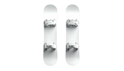 Two white snowboards with bindings, oriented vertically, against a stark black background. Simple, minimalist view