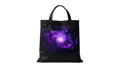 Black tote bag displays swirling, bright purple nebula artwork on its surface; dark background