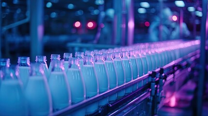 Milk Bottles On Conveyor Belt In Modern Factory