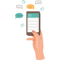 Hand Holding Smartphone Sending and Receiving Text Messages With Speech Bubbles Floating Above a White Background Vector Illustration