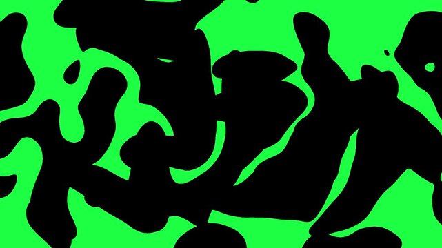 An abstract background of morphing green and black liquid. A seamless, looping, cartoon-style animation perfect for VJ loops, transitions, or camo patterns.